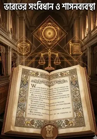 A conceptual photograph representing Indian Constitution and Politics. It features a grand classical library interior with a deeply textured open antique book on a pedestal. Glowing golden mandala patterns float above it.
