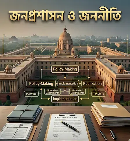 A perspective photograph of the Indian Secretariat building in New Delhi, overlaid with a precise golden flowchart diagram of Policy-Making and Implementation. An administrative desk is in the foreground.