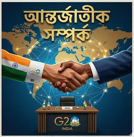 A conceptual image for International Relations showing a close-up of a symbolic handshake between two hands over a desk with G20 India branding. The background is a detailed global network map