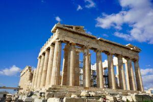 The Parthenon, a temple dedicated to Athena, located on the Acropolis in Athens.