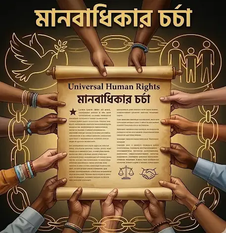 A group of diverse hands reaches in to hold an open ancient parchment scroll. The scroll reads 'Universal Human Rights' in English and Bengali. Icons of a dove, breaking chains, and human figures surround it.