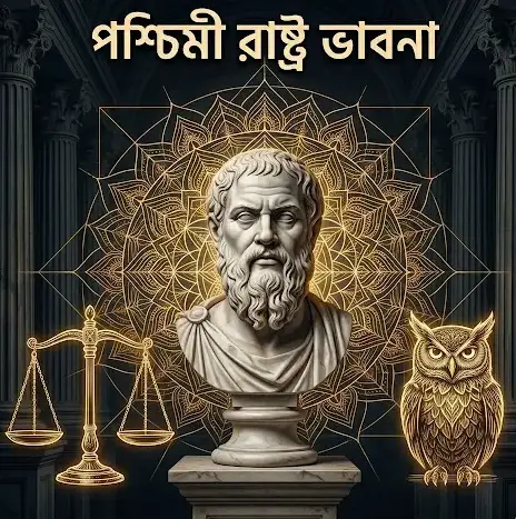 A conceptual image of Western Political Thought. It features a classical marble bust of a philosopher with a large glowing golden mandala pattern behind it. The bust is flanked by a glowing golden owl symbolizing wisdom and glowing golden scales of justice.